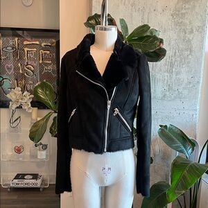 Zara Black Faux Suede Biker Jacket with Faux Fur Collar